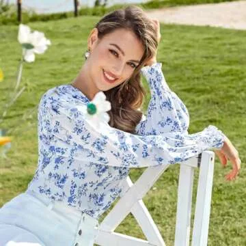 Belle Poque Womens Floral Tops and Blouses Dressy 2025 Summer Casual Loose Puff Sleeve Chiffon Boho Business Work Shirts