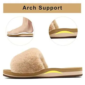 COFACE Fuzzy Slippers for Women Open Toe Fluff Womens House Slippers with Arch Support Plantar Fasciitis Orthotic Orthopedic Woman Slippers Size 7 Indoor Faux Fur Slides