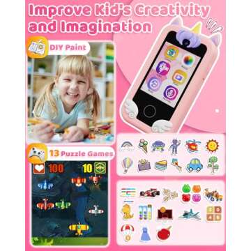 DUDUDRAGON Kids Smart Phone Toy for Girls 3 4 5 6 Year Old Toddler Unicorn Gifts , MP3 Music Player, Dual Camera Travel Toys with Educational Games, Touchscreen Pretend Play Phones for 3-8 Year Old