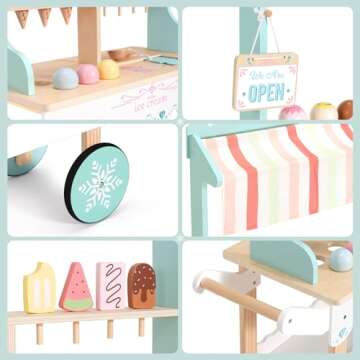 PairPear Wooden Ice Cream Cart for Kids Pretend Play Grocery Store, Ice Cream Truck with Wheels, 2 i...