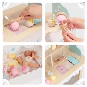 PairPear Wooden Ice Cream Cart for Kids Pretend Play Grocery Store, Ice Cream Truck with Wheels, 2 in 1 Wooden Toy Food Cart Toddler Play Kitchen Gift for Boys Girls 3+