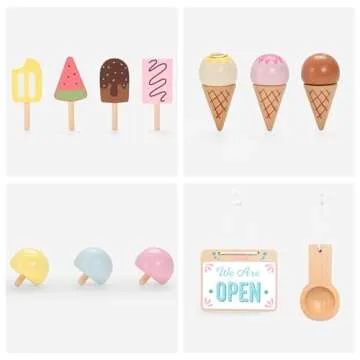 PairPear Wooden Ice Cream Cart for Kids Pretend Play Grocery Store, Ice Cream Truck with Wheels, 2 in 1 Wooden Toy Food Cart Toddler Play Kitchen Gift for Boys Girls 3+