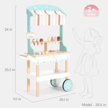 PairPear Wooden Ice Cream Cart for Kids Pretend Play Grocery Store, Ice Cream Truck with Wheels, 2 in 1 Wooden Toy Food Cart Toddler Play Kitchen Gift for Boys Girls 3+
