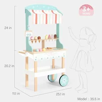 PairPear Wooden Ice Cream Cart for Kids Pretend Play Grocery Store, Ice Cream Truck with Wheels, 2 in 1 Wooden Toy Food Cart Toddler Play Kitchen Gift for Boys Girls 3+