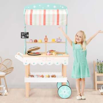 PairPear Wooden Ice Cream Cart for Kids Pretend Play Grocery Store, Ice Cream Truck with Wheels, 2 in 1 Wooden Toy Food Cart Toddler Play Kitchen Gift for Boys Girls 3+