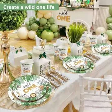 175 Pcs Wild One Birthday Decorations Plates Set 25 Guests, Safari Jungle Baby Shower Theme Paper Pl...