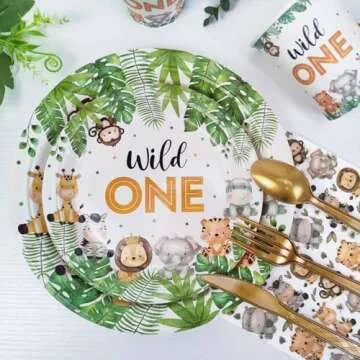 175 Pcs Wild One Birthday Decorations Plates Set 25 Guests, Safari Jungle Baby Shower Theme Paper Plates Napkins Cups Cutlery Set Boys First 1st Party Supplies