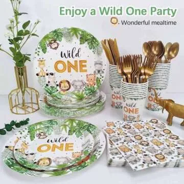175 Pcs Wild One Birthday Decorations Plates Set 25 Guests, Safari Jungle Baby Shower Theme Paper Plates Napkins Cups Cutlery Set Boys First 1st Party Supplies
