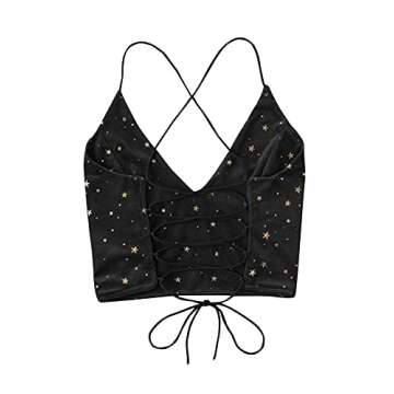 Verdusa Women's Velvet Galaxy Print Crisscross Back Spaghetti Strap Crop Cami Top - Perfect for Nigh...