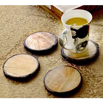 GoCraft Natural Wooden Coasters with Tree Bark | Mango Wood Coasters for Your Drinks, Beverages & Wine/Bar Glasses (Coasters Set of 4)