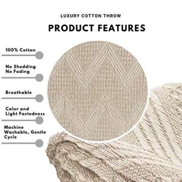 The Wish Tree Co. 50x60 Dark Beige Cotton, Geometric Modern Farmhouse All Seasons Throw Blanket with Tassels, Soft, Cozy & Lightweight for Indoor/Outdoor Chair Sofa Picnic Beach Couch Bed