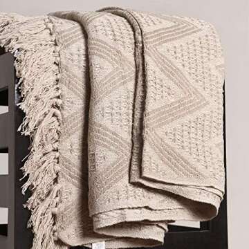 The Wish Tree Co. 50x60 Dark Beige Cotton, Geometric Modern Farmhouse All Seasons Throw Blanket with Tassels, Soft, Cozy & Lightweight for Indoor/Outdoor Chair Sofa Picnic Beach Couch Bed