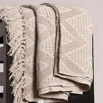 The Wish Tree Co. 50x60 Dark Beige Cotton, Geometric Modern Farmhouse All Seasons Throw Blanket with Tassels, Soft, Cozy & Lightweight for Indoor/Outdoor Chair Sofa Picnic Beach Couch Bed