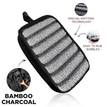 Body Scrubber Set of 2 pcs - Bath Sponge with Bamboo Charcoal for Shower & Double Sided Back Scrubber for Men & Women - Exfoliating Shower Scrubber for Back – Deep Clean Self Care Kit