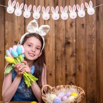 Whaline Easter Felt Garland Handmade Bunny Ball Banner Pink White Rabbit Fluffy Hanging Ornament for Spring Holiday Party Indoor Outdoor Home Office Decor Supplies, 8.2Ft