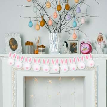 Whaline Easter Felt Garland Handmade Bunny Ball Banner Pink White Rabbit Fluffy Hanging Ornament for Spring Holiday Party Indoor Outdoor Home Office Decor Supplies, 8.2Ft