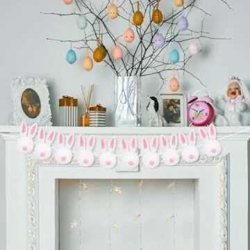 Whaline Easter Felt Garland Handmade Bunny Ball Banner Pink White Rabbit Fluffy Hanging Ornament for Spring Holiday Party Indoor Outdoor Home Office Decor Supplies, 8.2Ft
