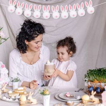 Whaline Easter Felt Garland Handmade Bunny Ball Banner Pink White Rabbit Fluffy Hanging Ornament for Spring Holiday Party Indoor Outdoor Home Office Decor Supplies, 8.2Ft