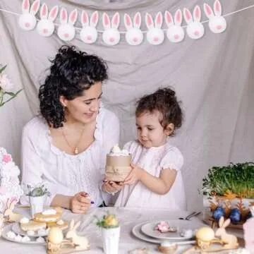 Whaline Easter Felt Garland Handmade Bunny Ball Banner Pink White Rabbit Fluffy Hanging Ornament for Spring Holiday Party Indoor Outdoor Home Office Decor Supplies, 8.2Ft