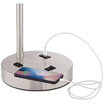 360 Lighting Colby Modern Desk Table Lamps 21" High Set of 2 with Hotel Style USB and AC Power Outlet in Base Brushed Nickel White Linen Shade for Living Room Bedroom Bedside Home Office