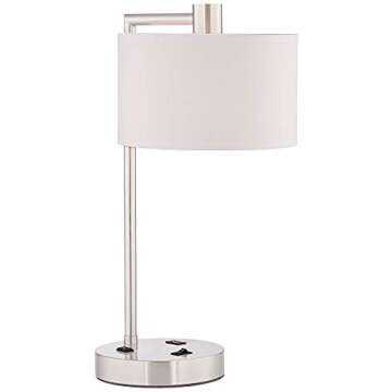 360 Lighting Colby Modern Desk Table Lamps 21" High Set of 2 with Hotel Style USB and AC Power Outlet in Base Brushed Nickel White Linen Shade for Living Room Bedroom Bedside Home Office