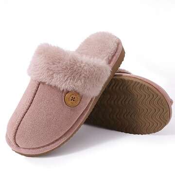 Litfun Fuzzy Slippers for Women with Memory Foam Winter Fluffy House Shoes Indoor Outdoor, Dusty Pink Women Size 8-8.5