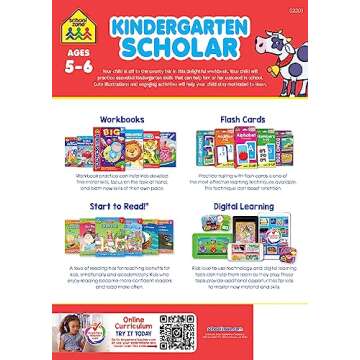 School Zone - Kindergarten Scholar Workbook - 64 Pages, Ages 5 to 6, Alphabet, Phonics, Shapes, Patt...