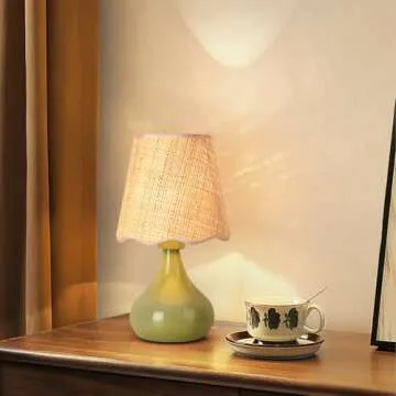 Green Cute Small Boho Table Lamp for Bedroom Bedside, Green Bedroom Lamps for Nightstand, Small Scalloped Rattan Shade Table Lamps for Small Spaces for Bedroom, Home Office, Living Room, Kids Dorm