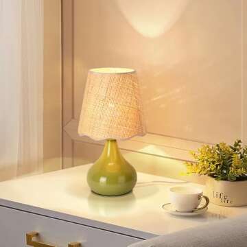 Green Cute Small Boho Table Lamp for Bedroom Bedside, Green Bedroom Lamps for Nightstand, Small Scalloped Rattan Shade Table Lamps for Small Spaces for Bedroom, Home Office, Living Room, Kids Dorm