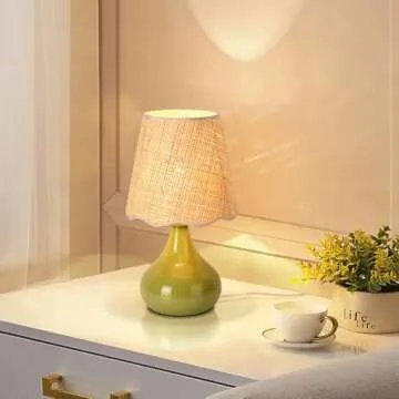 Green Cute Small Boho Table Lamp for Bedroom Bedside, Green Bedroom Lamps for Nightstand, Small Scalloped Rattan Shade Table Lamps for Small Spaces for Bedroom, Home Office, Living Room, Kids Dorm