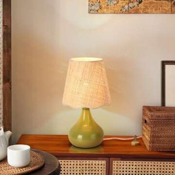 Green Cute Small Boho Table Lamp for Bedroom Bedside, Green Bedroom Lamps for Nightstand, Small Scalloped Rattan Shade Table Lamps for Small Spaces for Bedroom, Home Office, Living Room, Kids Dorm