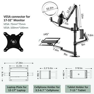 ProCase 6-in-1 Desktop Selfie Stand with 10.2" LED Ring Light, Compatible with 12-17” Laptops/ 7-13” Tablets/ 17-32” Monitors/3.5-6.7” Phones DSLR Digital Camera for Live Video Online Meeting -Black
