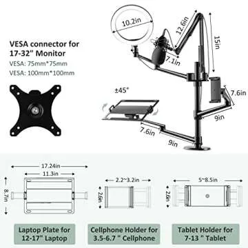 ProCase 6-in-1 Desktop Selfie Stand with 10.2" LED Ring Light, Compatible with 12-17” Laptops/ 7-13” Tablets/ 17-32” Monitors/3.5-6.7” Phones DSLR Digital Camera for Live Video Online Meeting -Black