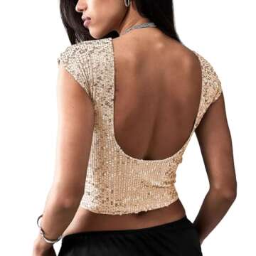 YILKOO Women's Sequin Backless Crop Top Party Sexy Slim T Shirts Short Sleeves for Daily Wear