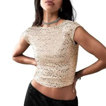 YILKOO Women's Sequin Backless Crop Top Party Sexy Slim T Shirts Short Sleeves for Daily Wear