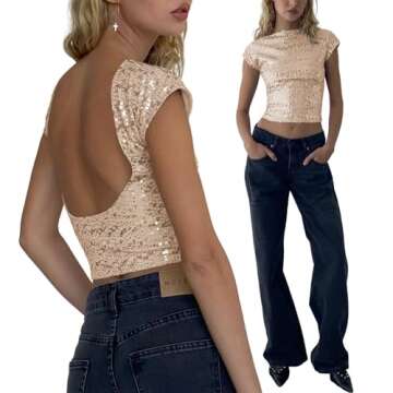 YILKOO Women's Sequin Backless Crop Top Party Sexy Slim T Shirts Short Sleeves for Daily Wear