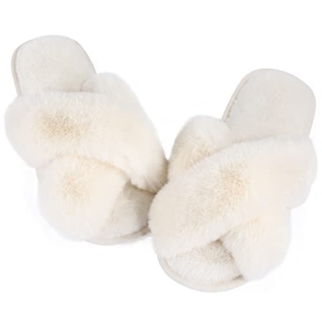 Ankis Women White Fuzzy Fluffy Slippers Soft Cozy Plush Memory Foam Slipper Open Toe Bedroom Comfy C...