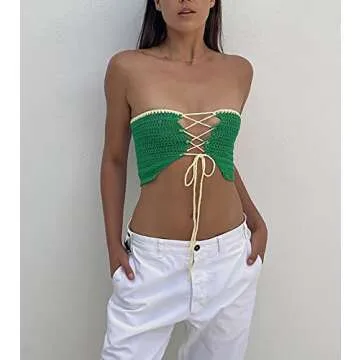 Stylish Meladyan Women Strappy Colorblock Crop Top Green