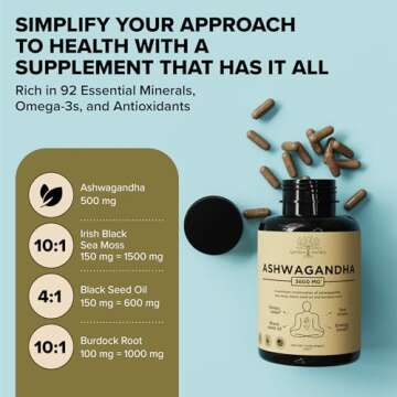 Garden of Herbz Organic Ashwagandha Root & Irish Sea Moss – 3,600 mg Ashwagandha Supplement with Black Seed Oil, & Burdock Root – Herbal Supplement for Energy, Stress Relief, Extra Strength, 60 Caps