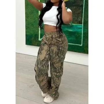 Seltaon Fall Camo Pants for Women Camouflage Army Fatigue Wide Leg Baggy Pants Trousers Plus Size