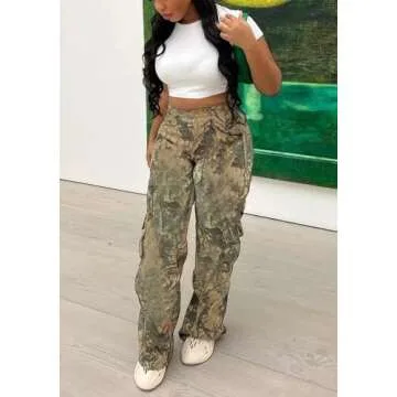 Seltaon Fall Camo Pants for Women Camouflage Army Fatigue Wide Leg Baggy Pants Trousers Plus Size