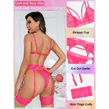 popiv Women's Sexy Lingerie Set with Garter Belt Matching Bra and Panty Lingeries Sets 4 Piece Pink