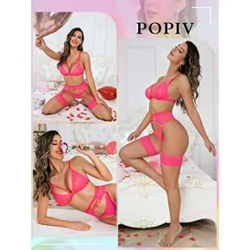 popiv Women's Sexy Lingerie Set with Garter Belt Matching Bra and Panty Lingeries Sets 4 Piece Pink