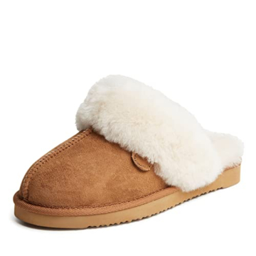 Dearfoams Womens Fireside Sydney Shearling Fur Indoor/Outdoor Scuff With Wide Widths Slipper, Chestn...