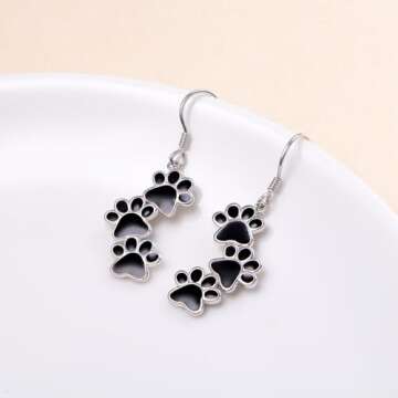 S925 Sterling Silver Jewelry Black Puppy Dog Cat Pet Paw Print Dangle Drop Earrings