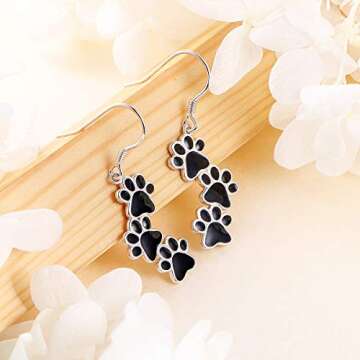 S925 Sterling Silver Jewelry Black Puppy Dog Cat Pet Paw Print Dangle Drop Earrings