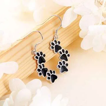 S925 Sterling Silver Jewelry Black Puppy Dog Cat Pet Paw Print Dangle Drop Earrings