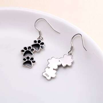 S925 Sterling Silver Jewelry Black Puppy Dog Cat Pet Paw Print Dangle Drop Earrings