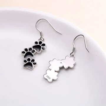 S925 Sterling Silver Jewelry Black Puppy Dog Cat Pet Paw Print Dangle Drop Earrings