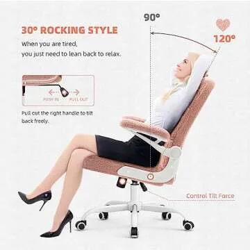 SEATZONE Home Office Chair Ergonomic Executive Desk Chair Comfortable Computer Chair with Flip-up Arms,Faux Fur Chair with Lumbar Support,Pink
